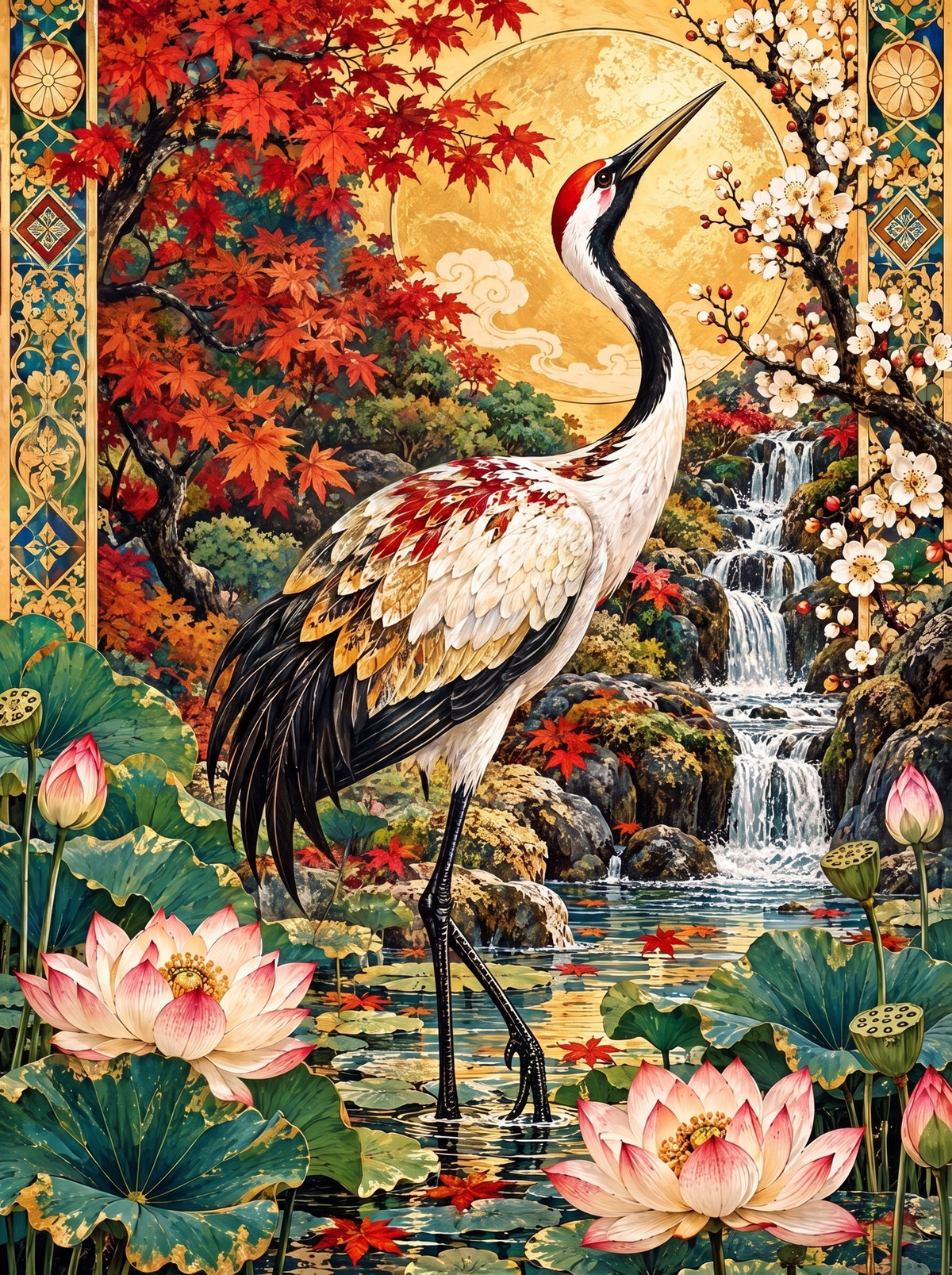 Red-Crowned Crane Under Maples