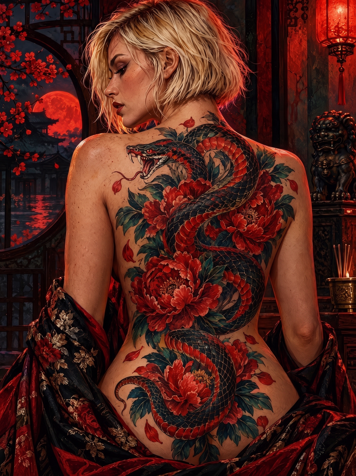 Serpent And Peony Back Piece