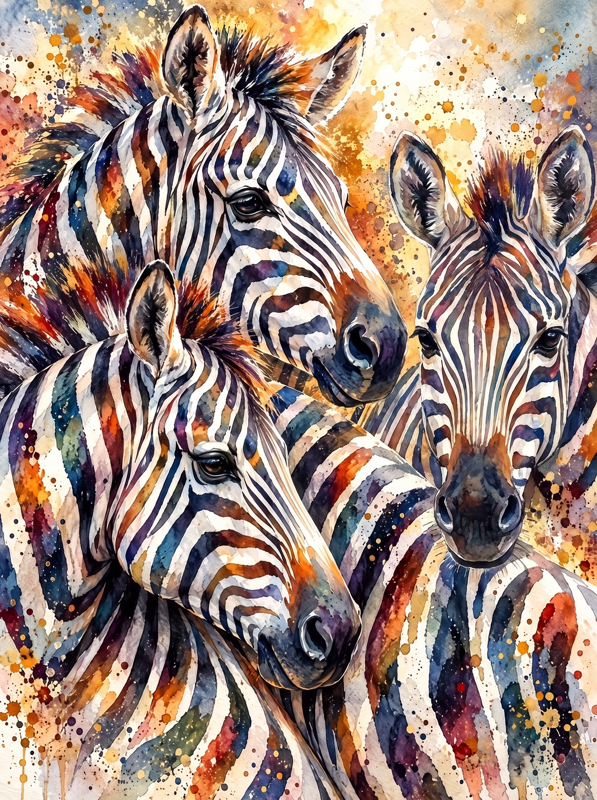 Three Zebras In Watercolour Splash