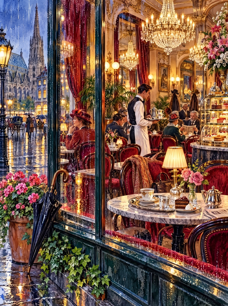 Vienna Café Window In The Rain