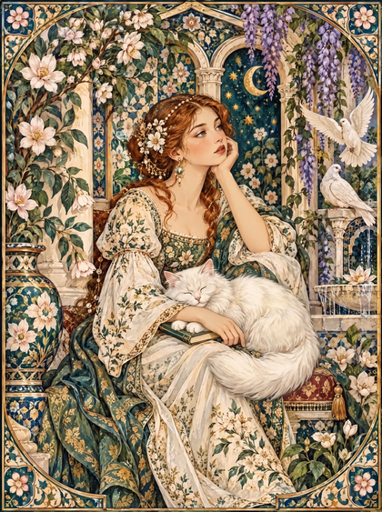 White Cat Asleep In Her Lap