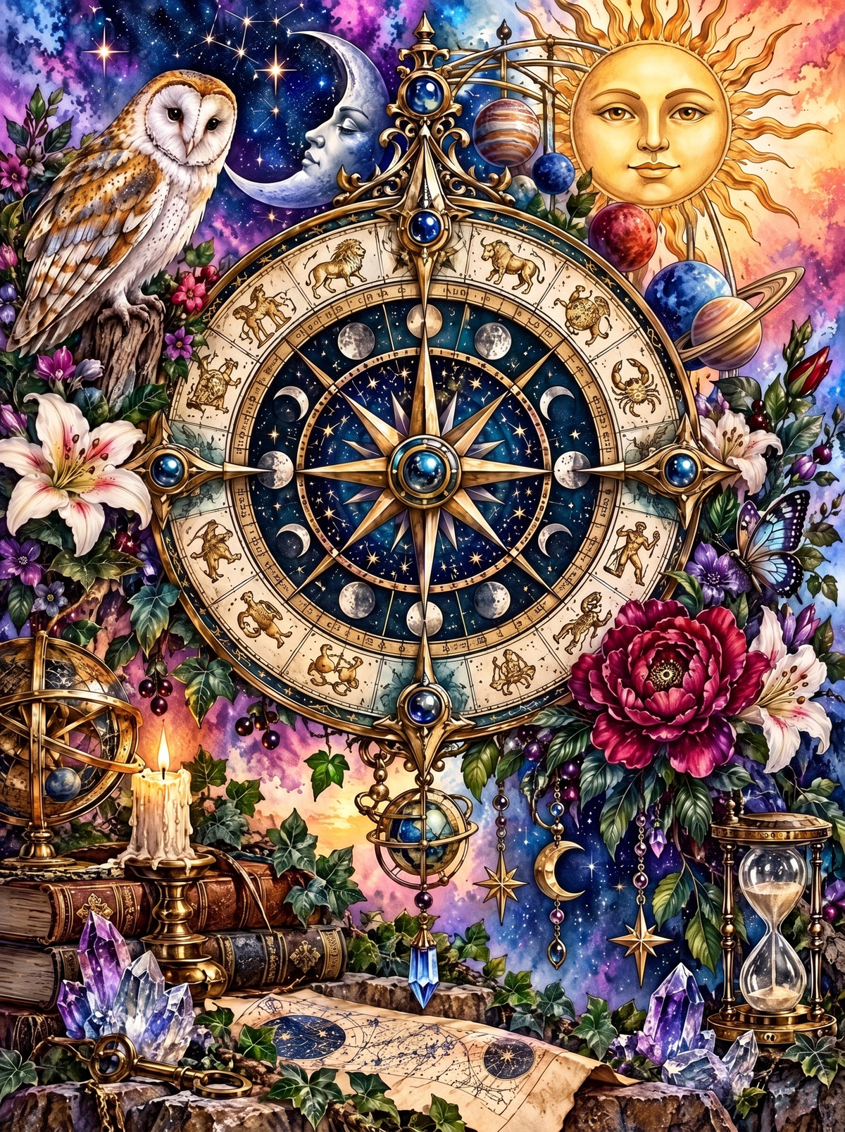 Zodiac Wheel With Sun And Owl