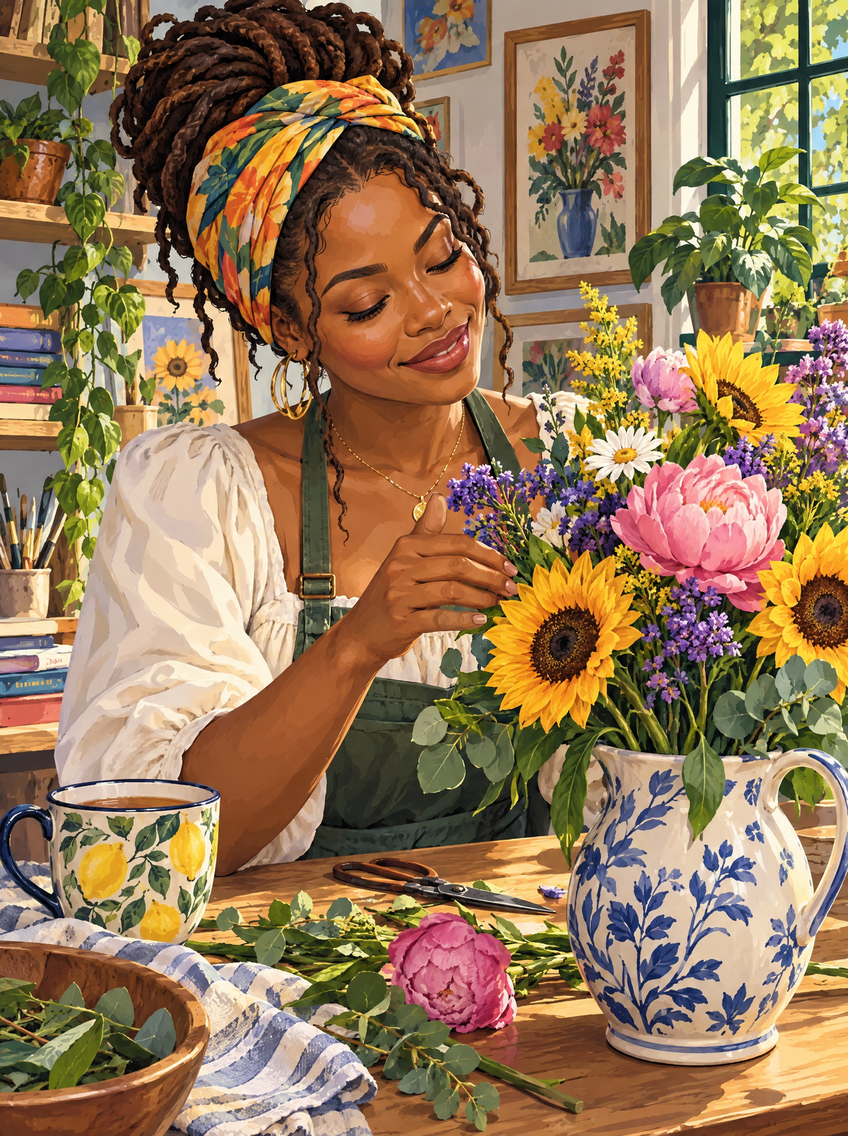 Arranging Sunflowers And Peonies