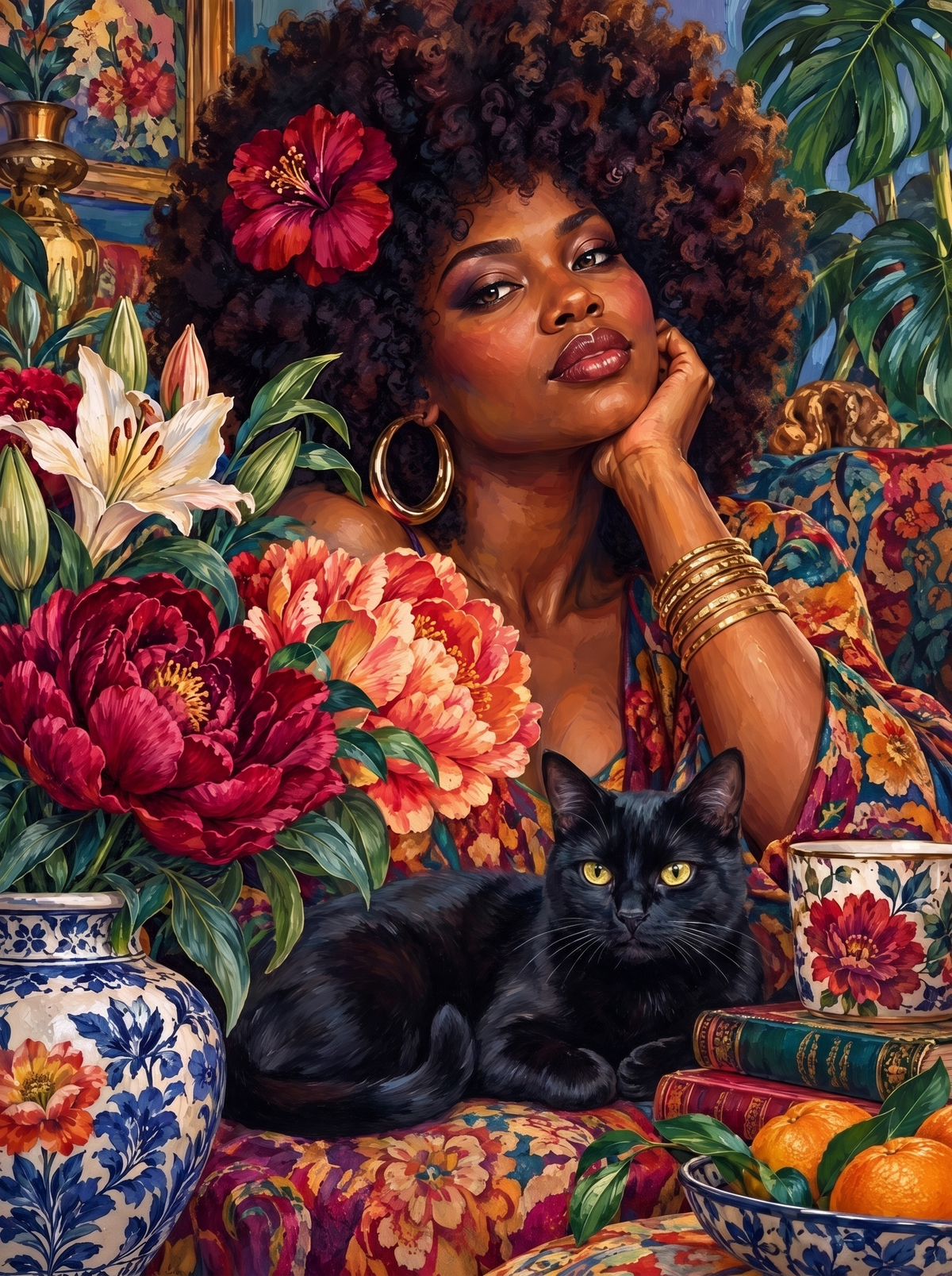 Black Cat And Peonies
