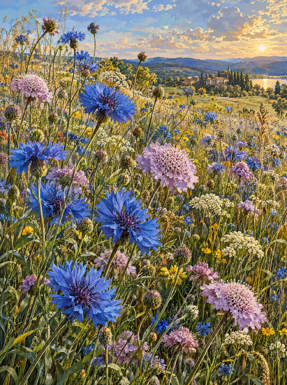 Cornflower Meadow At Sunset