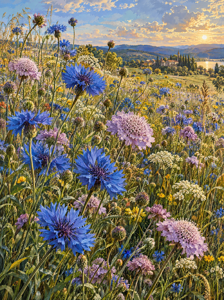 Cornflower Meadow At Sunset