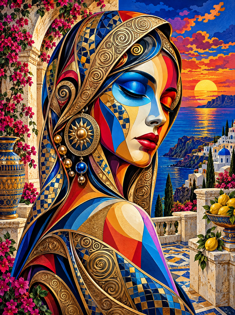 Cubist Portrait At Sunset (150 Color Diamond Painting)