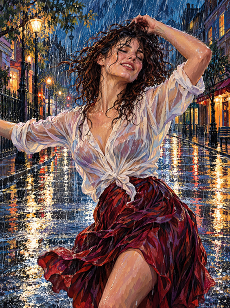 Dancing In The Rain-Soaked Street (150 Color Diamond Painting)