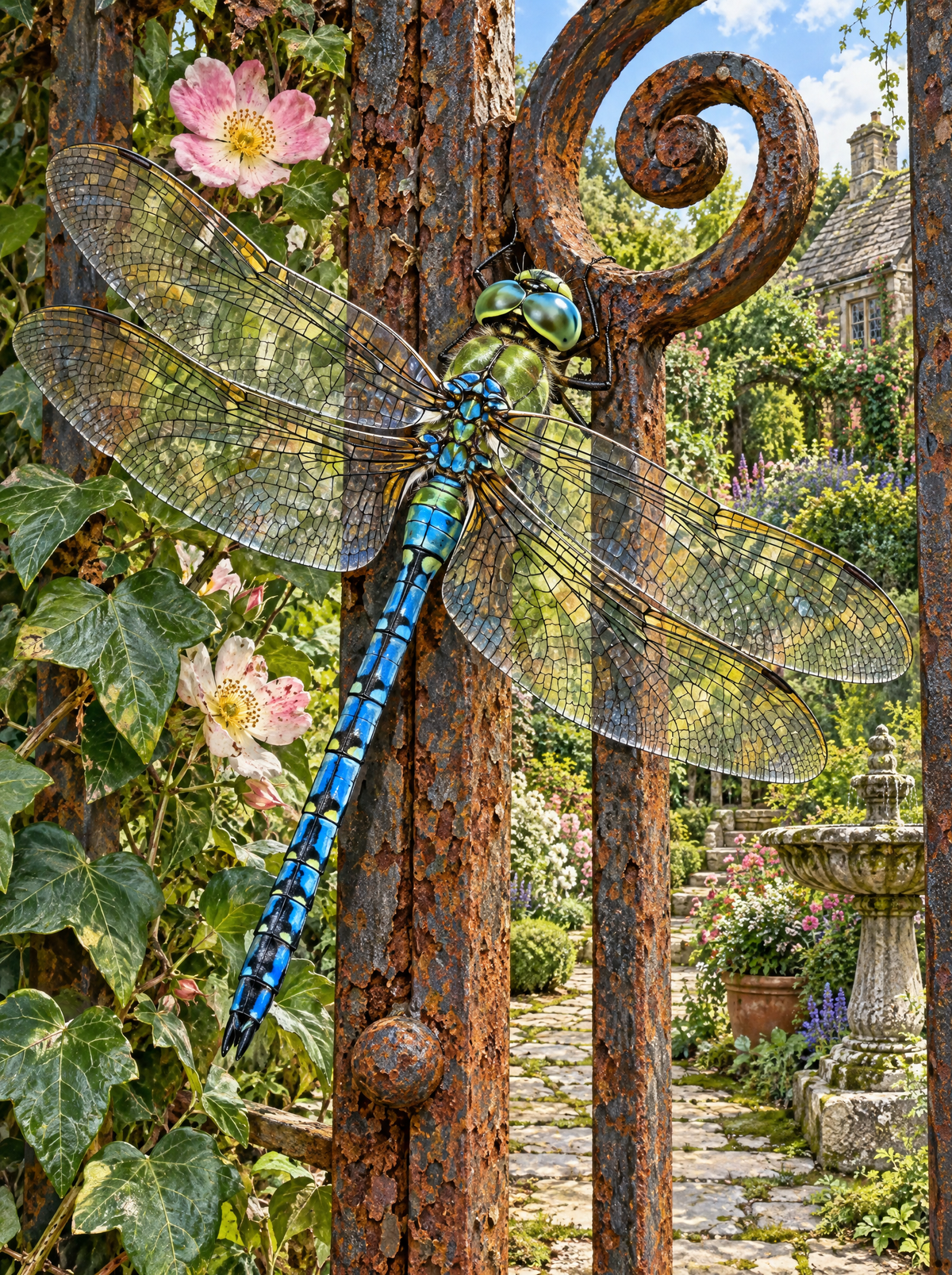Dragonfly On The Rusty Garden Gate