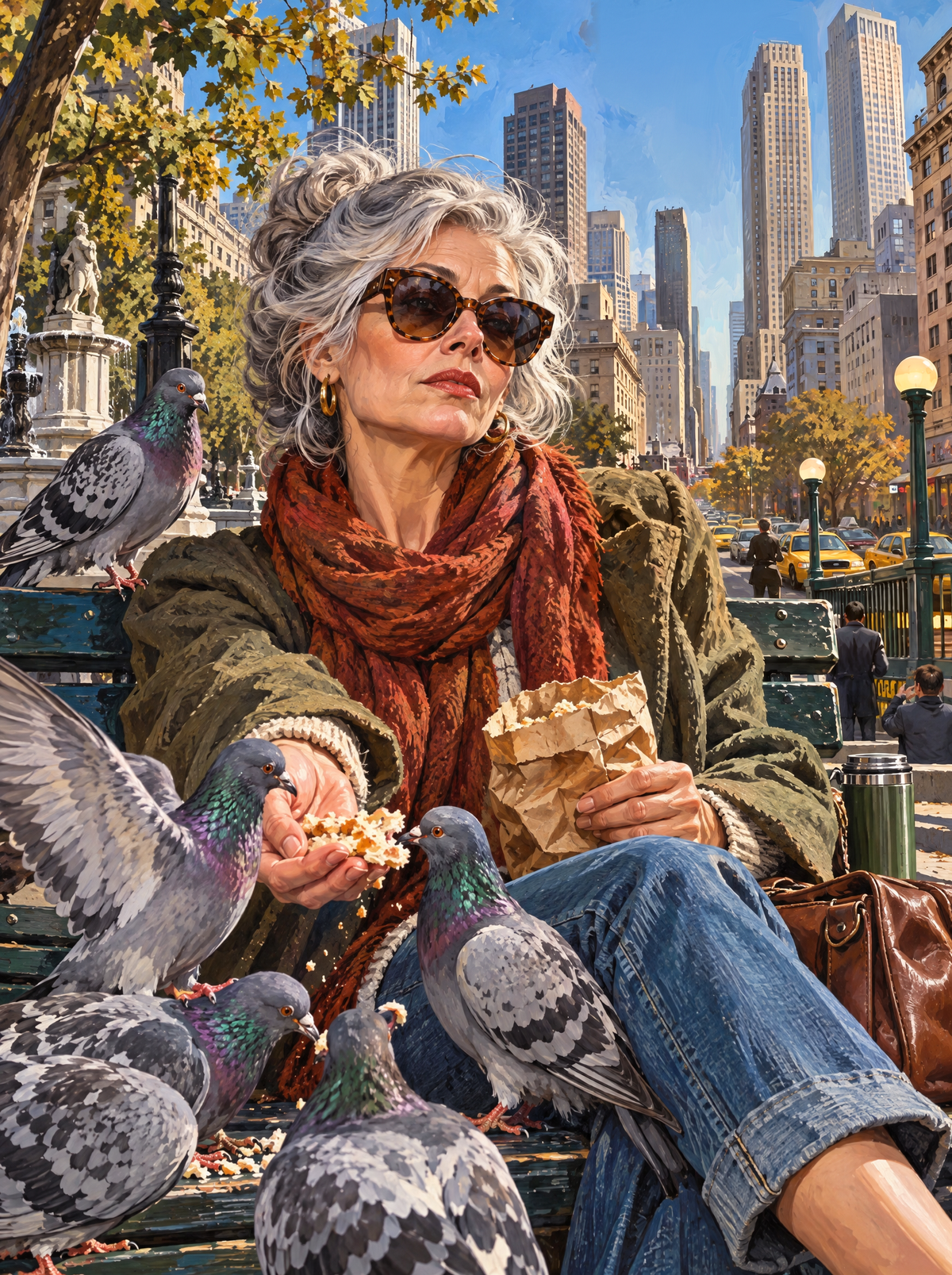 Feeding Pigeons In The City Park