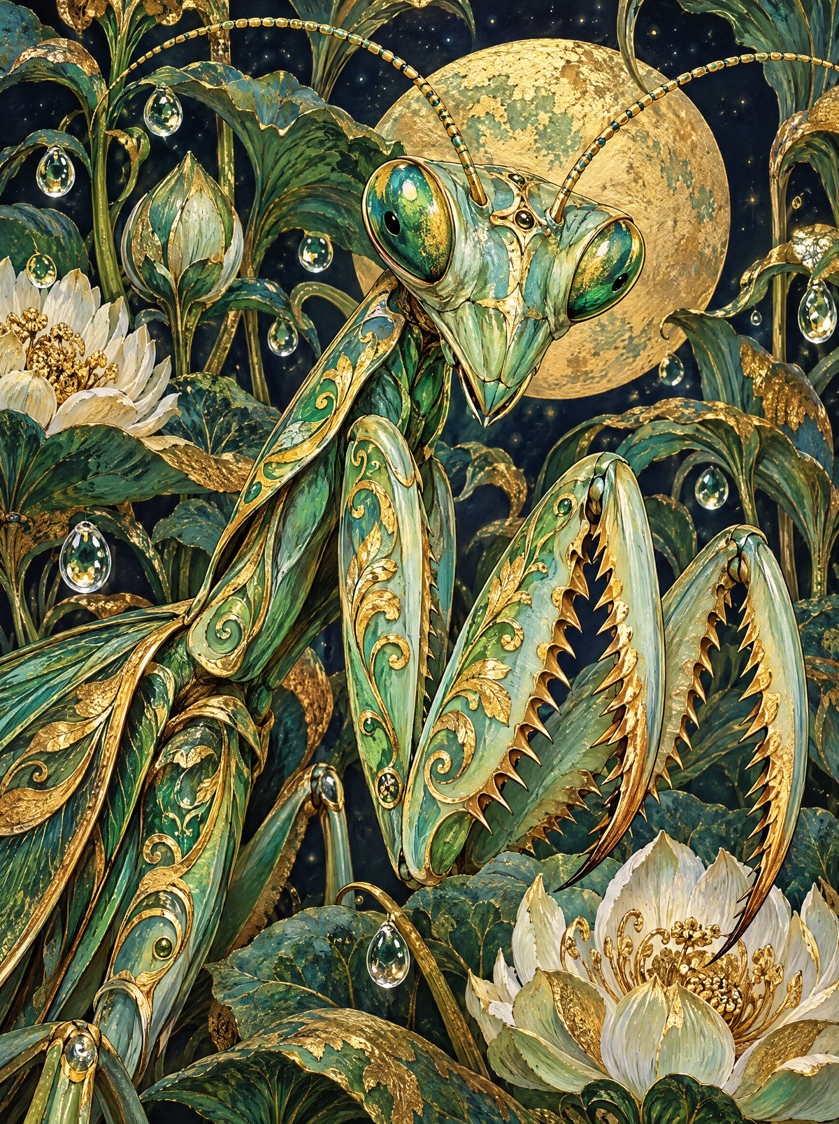 Gilded Mantis Under The Moon