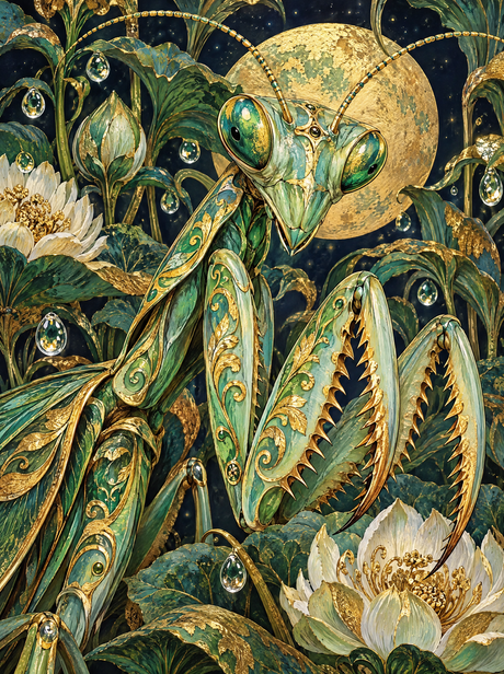 Gilded Mantis Under The Moon