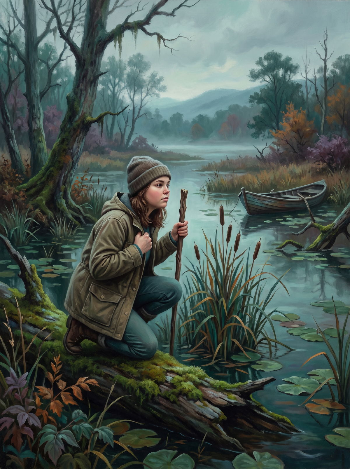 Girl Exploring The Misty Marsh
