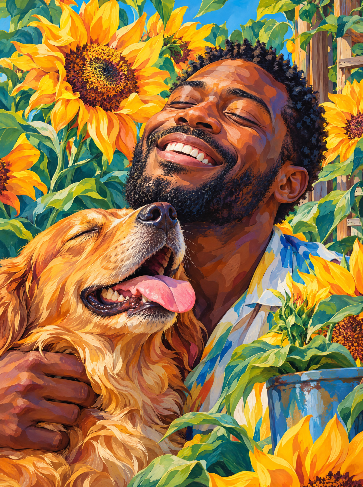 Golden Retriever In The Sunflowers