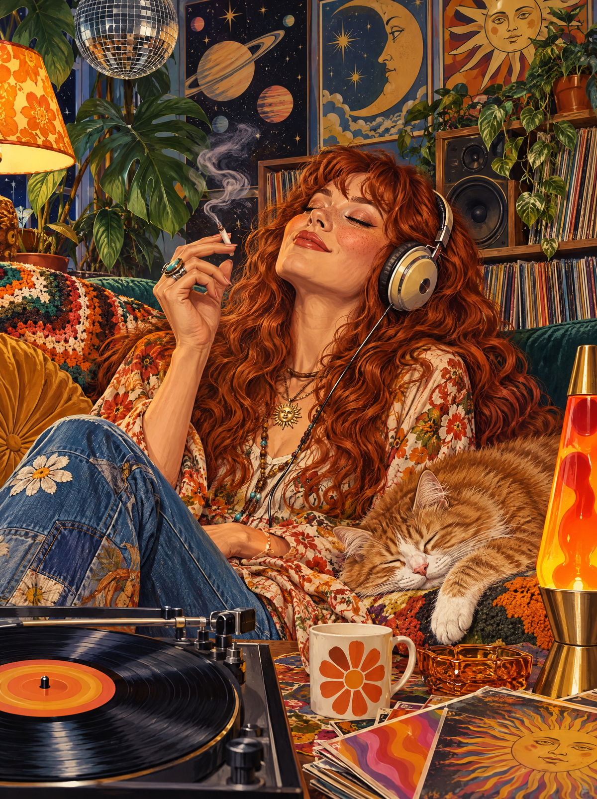 Headphones, Lava Lamp And A Ginger Cat
