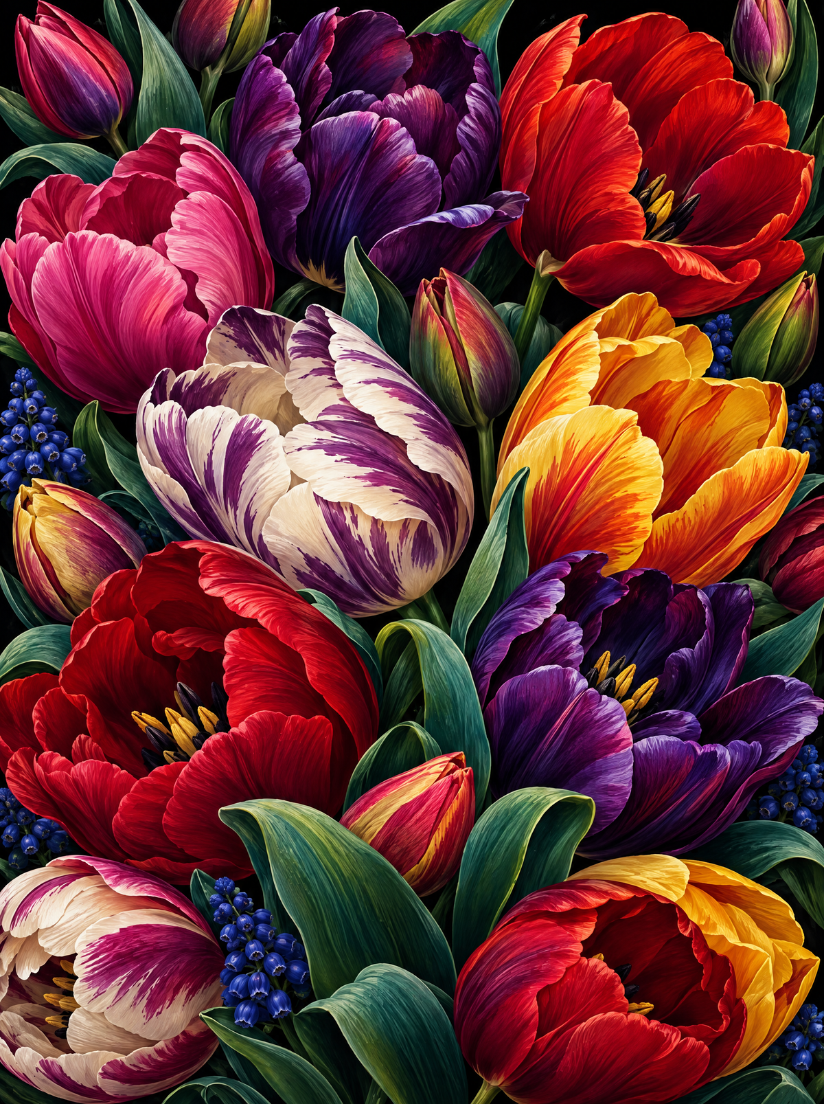 Parrot Tulips And Grape Hyacinths