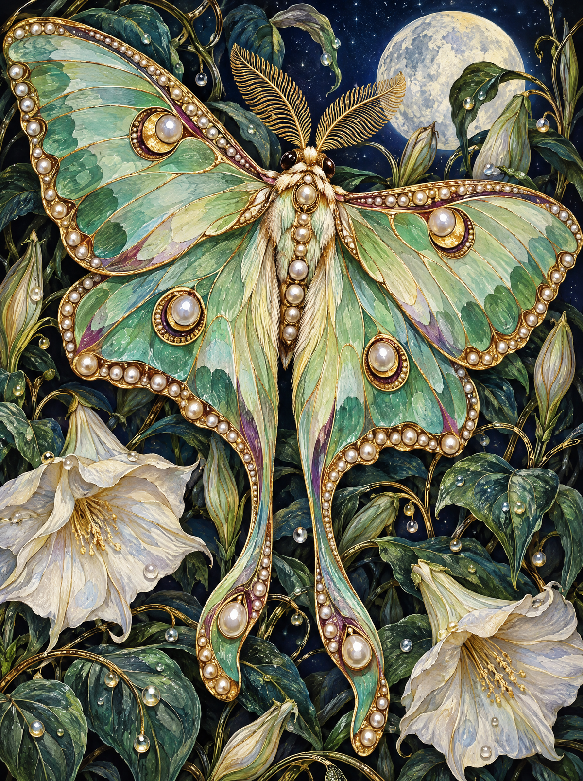 Pearled Luna Moth By Moonlight