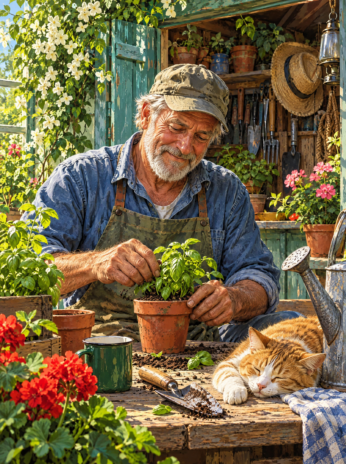 Potting Shed Basil And A Napping Cat