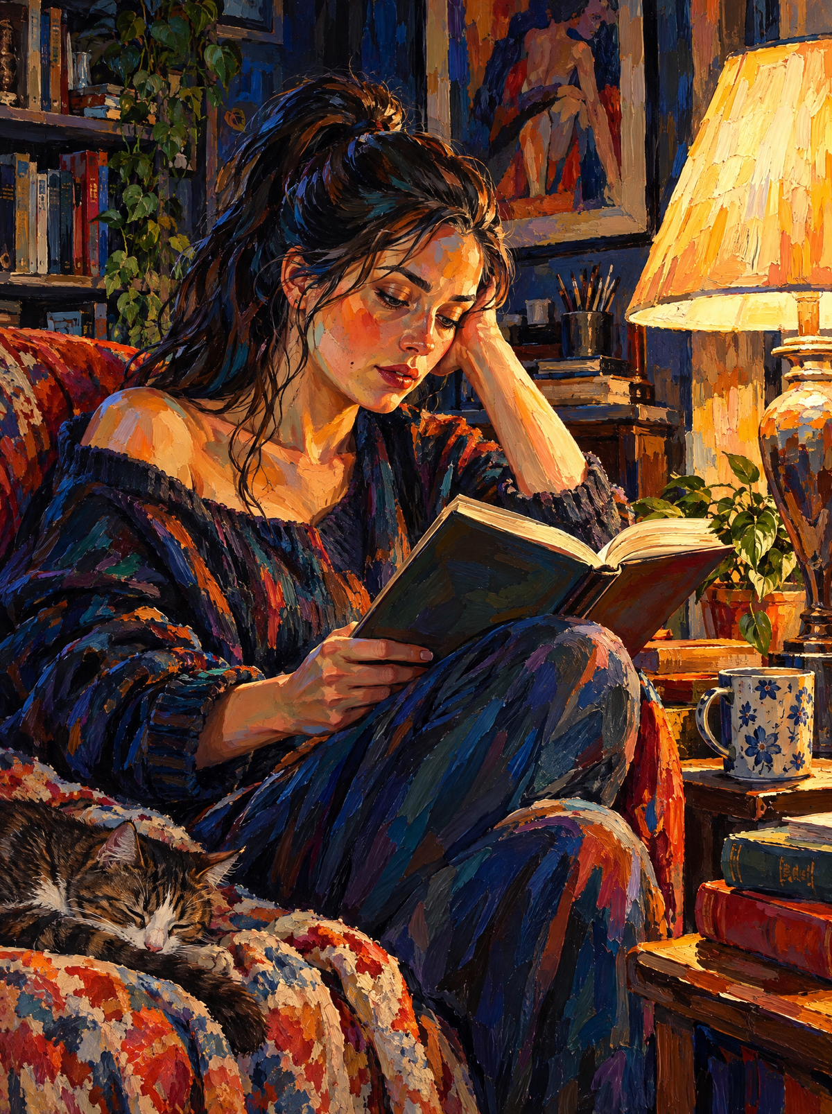 Reading By The Lamp With The Cat