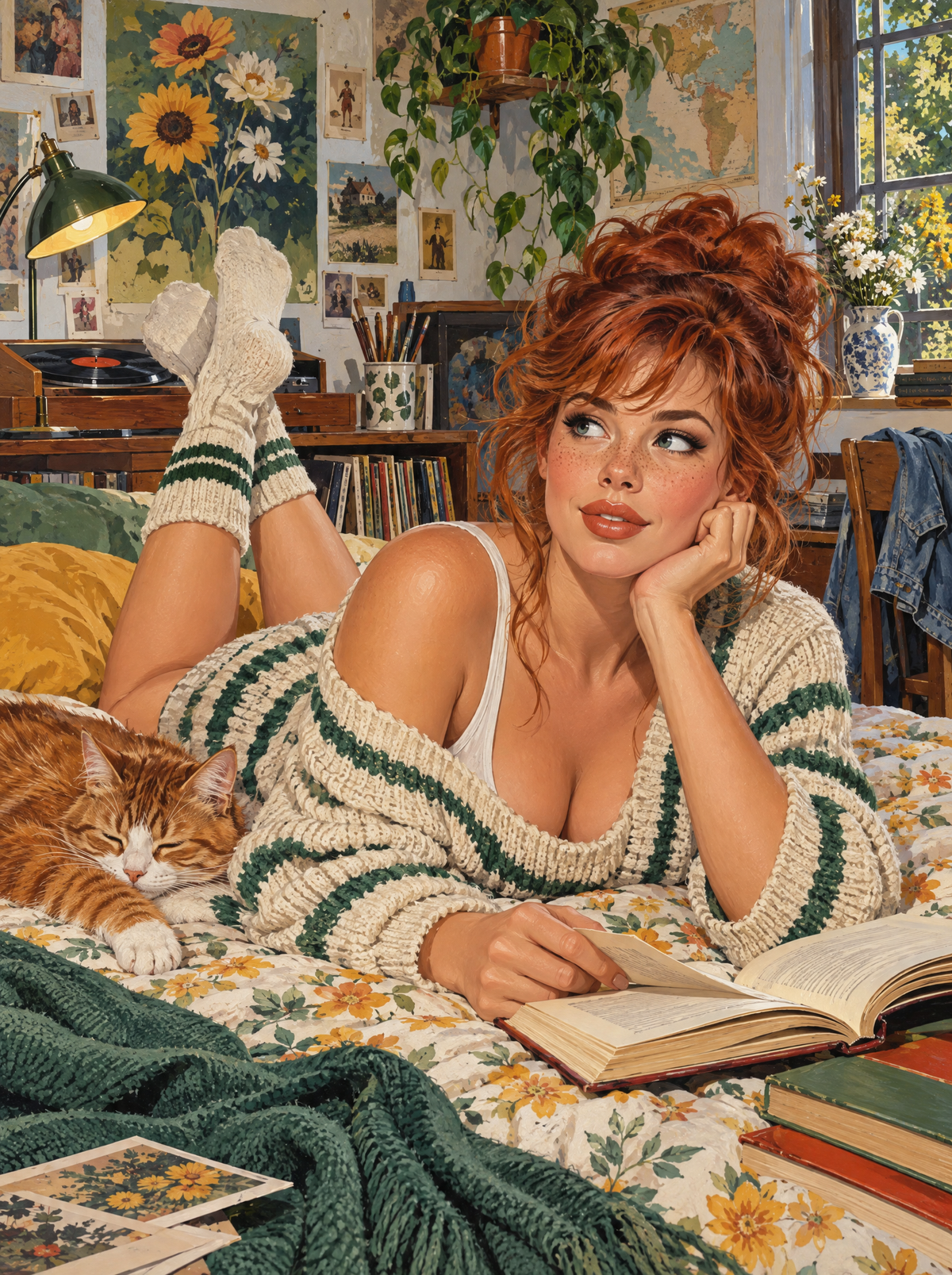 Reading On The Bed With A Ginger Cat