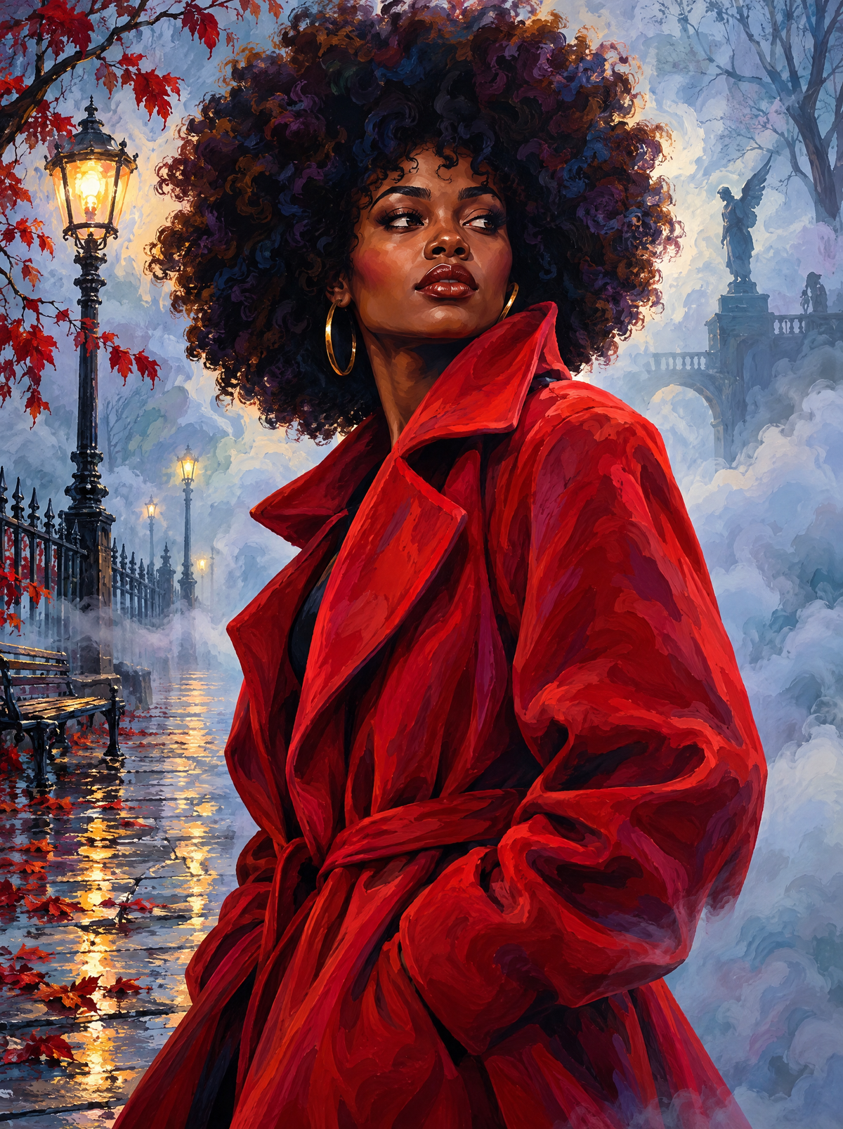 Red Coat In The Misty Park