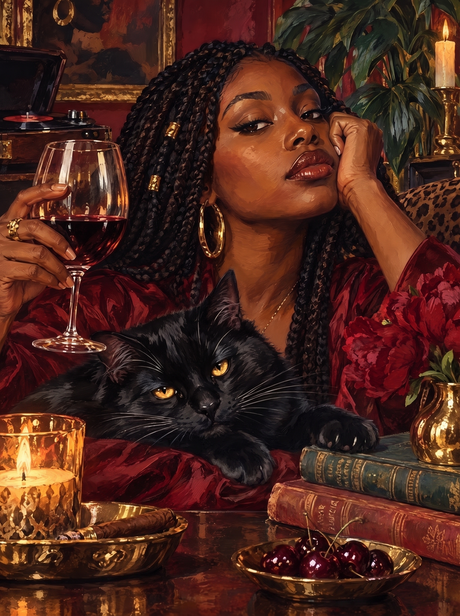 Red Wine, Candles And A Black Cat