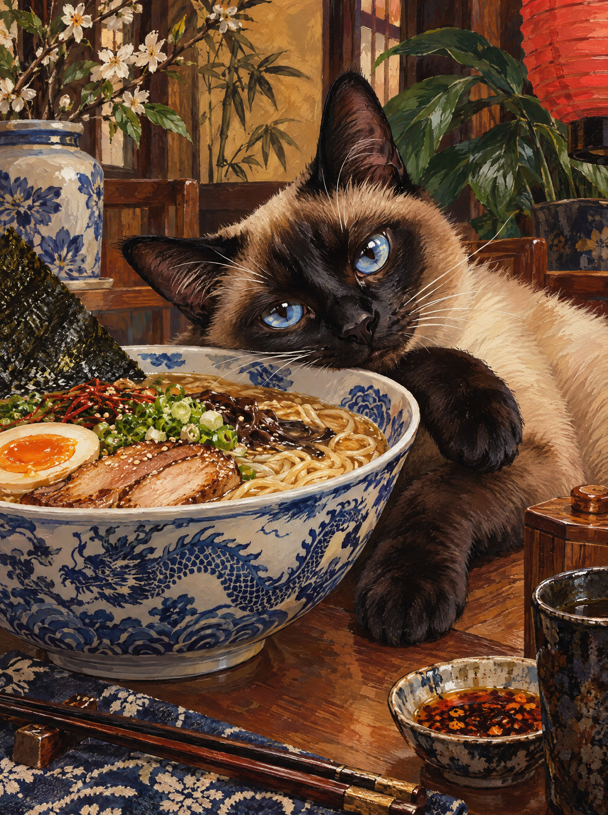 Siamese Cat And The Ramen Bowl