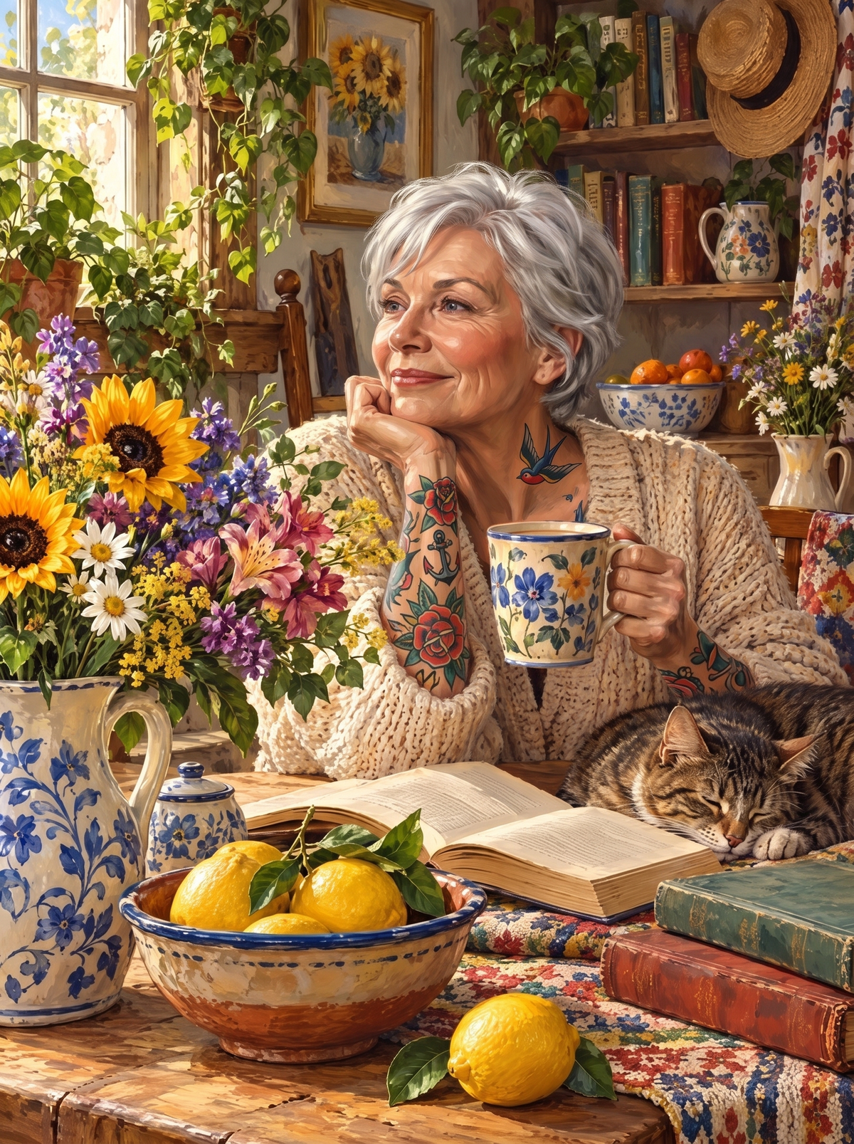 Silver Hair And Tattoo Sleeves