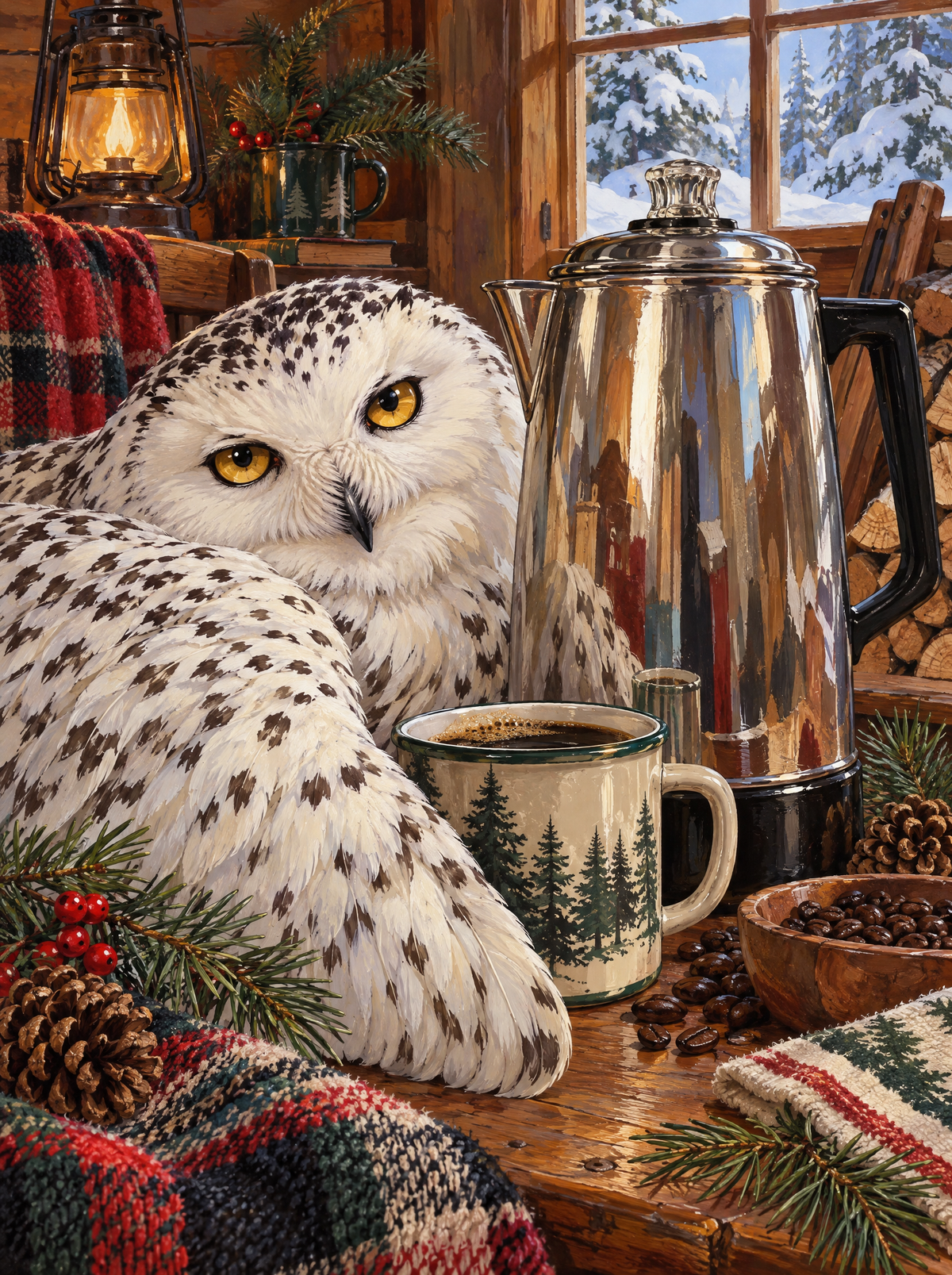 Snowy Owl And The Cabin Percolator