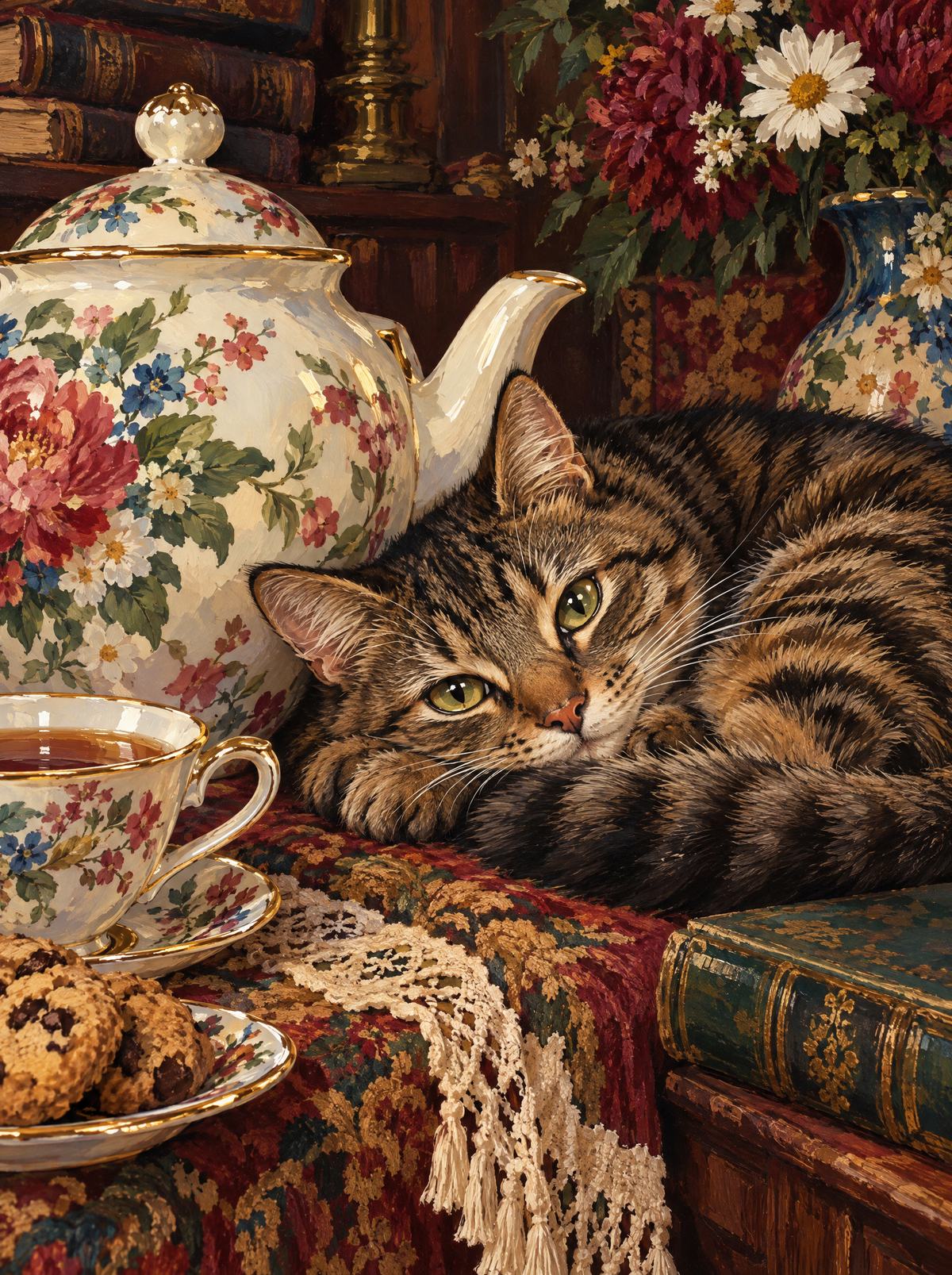 Tabby Beside The Floral Teapot