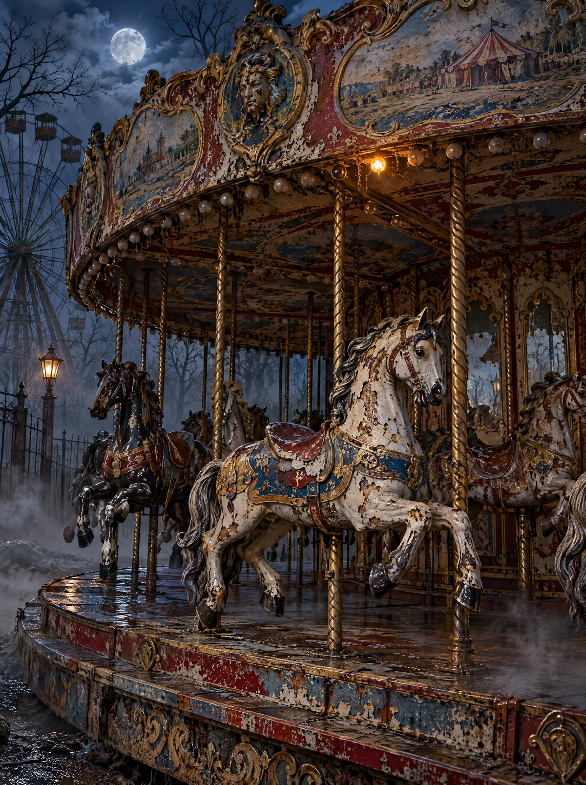 Abandoned Carousel Under The Moon