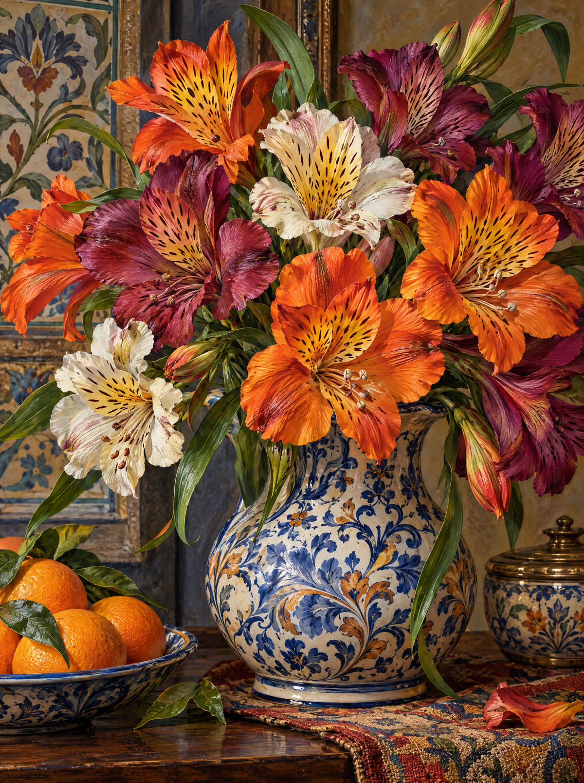 Alstroemeria In A Blue And White Vase
