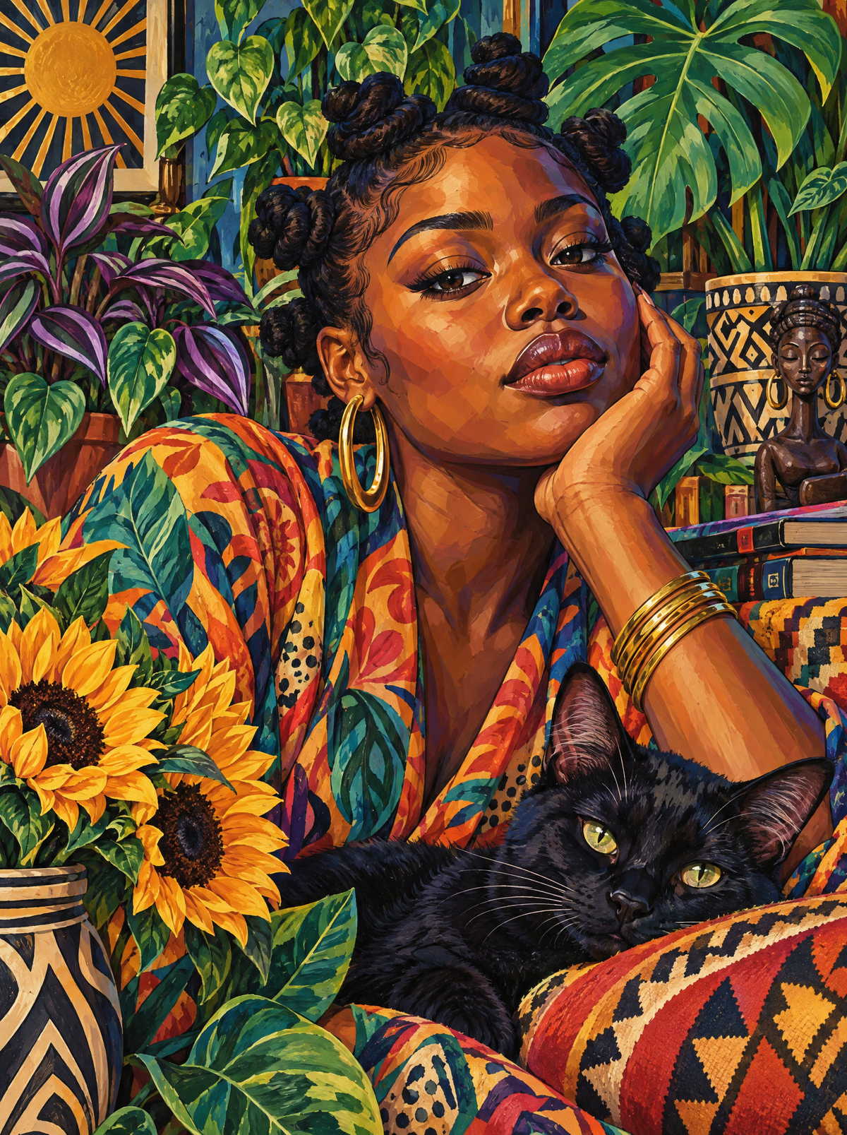 Bantu Knots, Sunflowers And A Black Cat