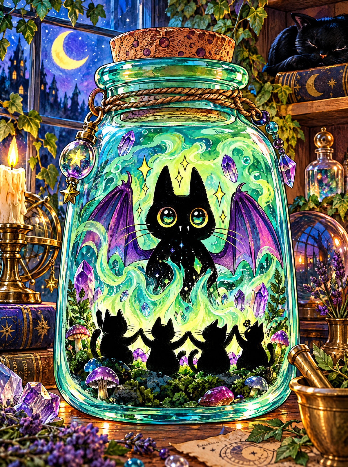 Bat-Winged Cat In A Potion Jar