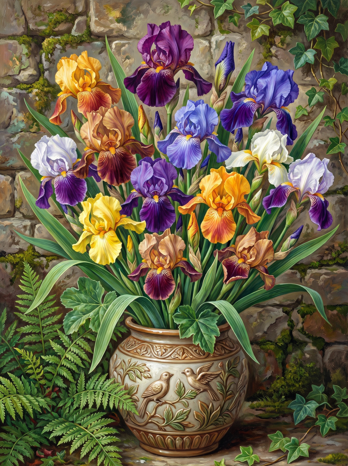 Bearded Irises In The Bird Urn
