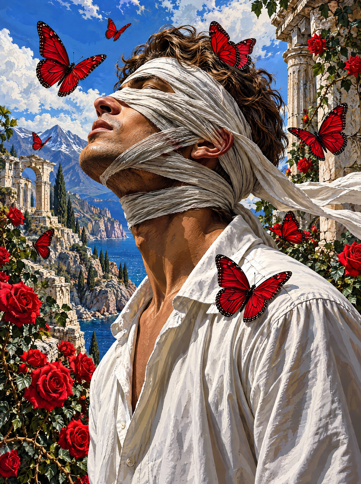 Blindfolded Man Among Red Butterflies