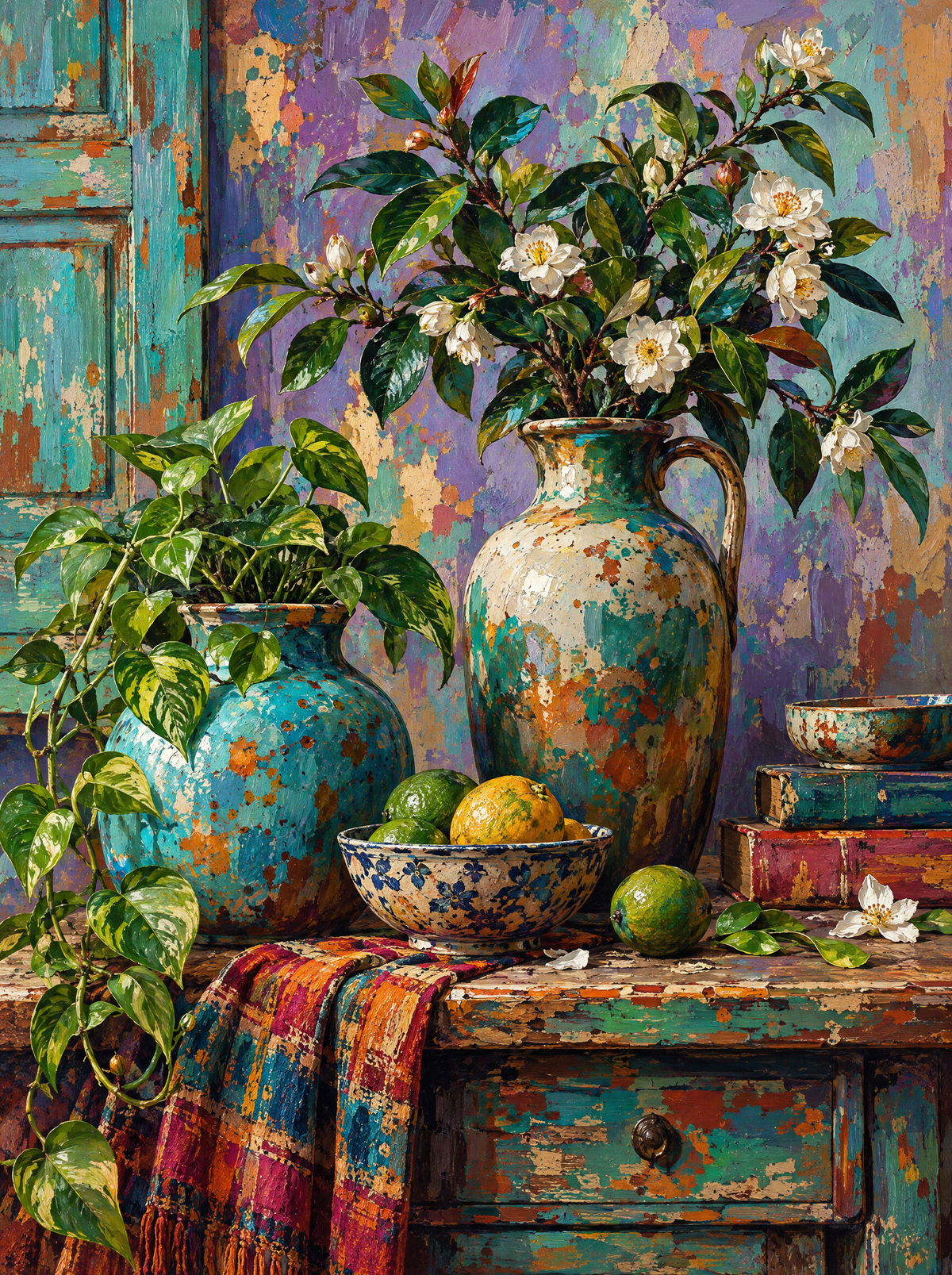 Blossom Branches And A Bowl Of Limes