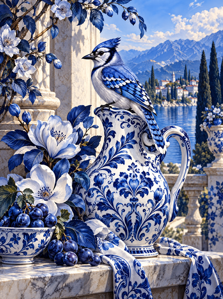 Blue Jay On The Porcelain Pitcher