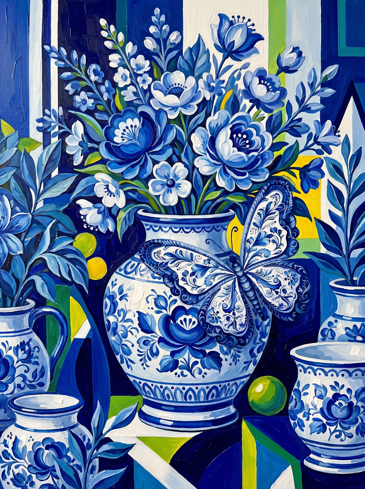 Blue Porcelain Vases And Lemons