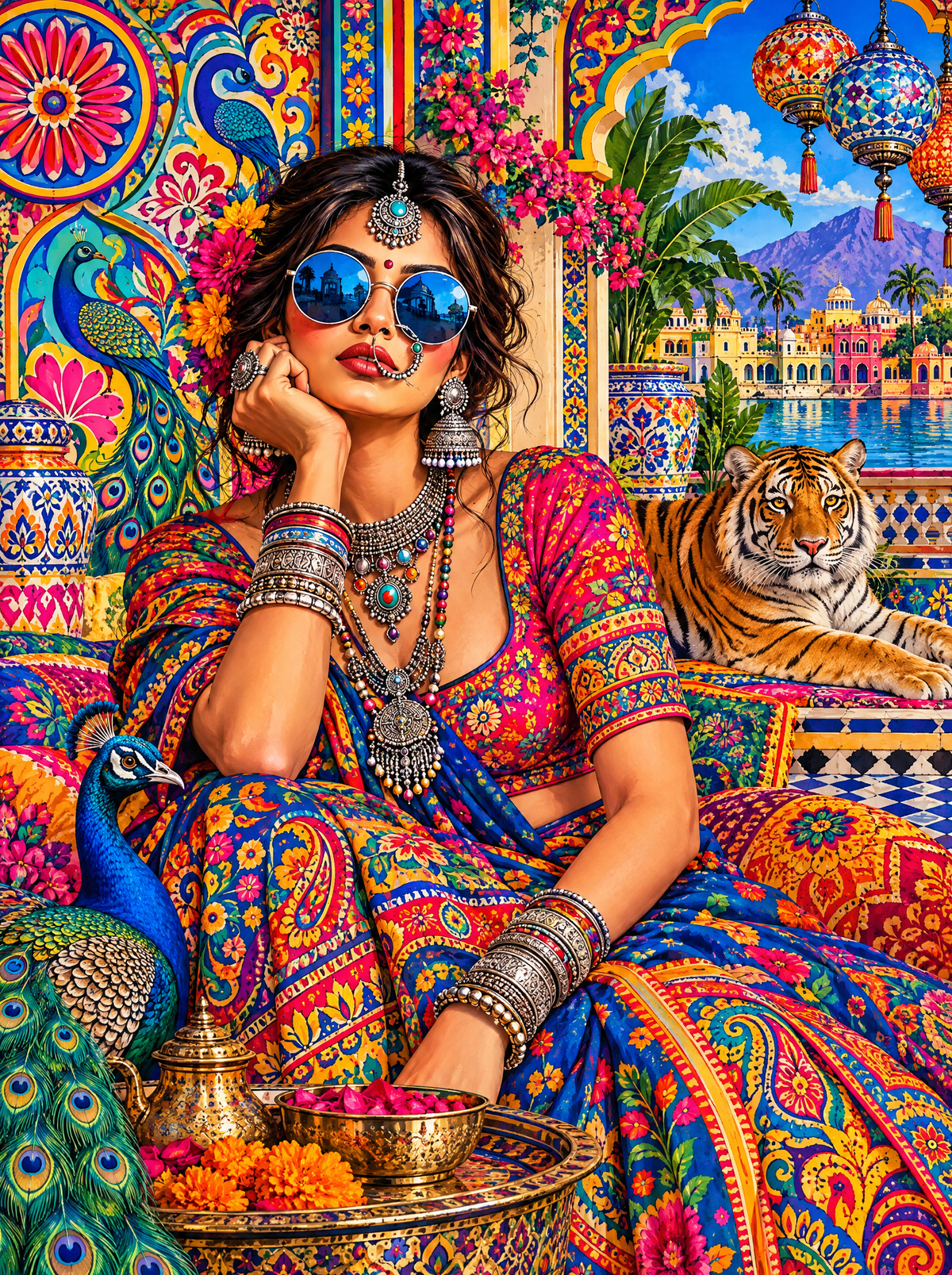 Blue Sunglasses, Tiger And Peacock