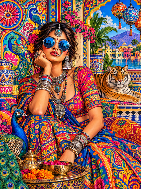 Blue Sunglasses, Tiger And Peacock (150 Color Diamond Painting)