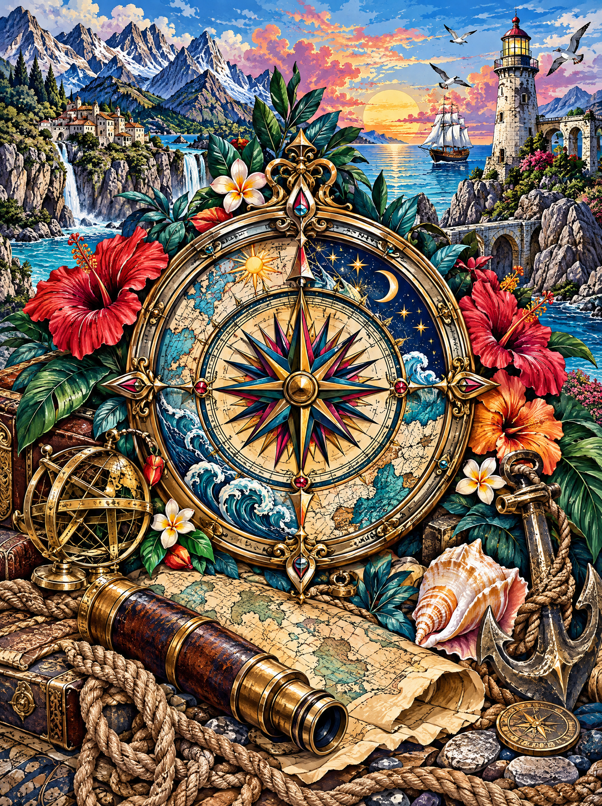 Brass Compass Before The Lighthouse
