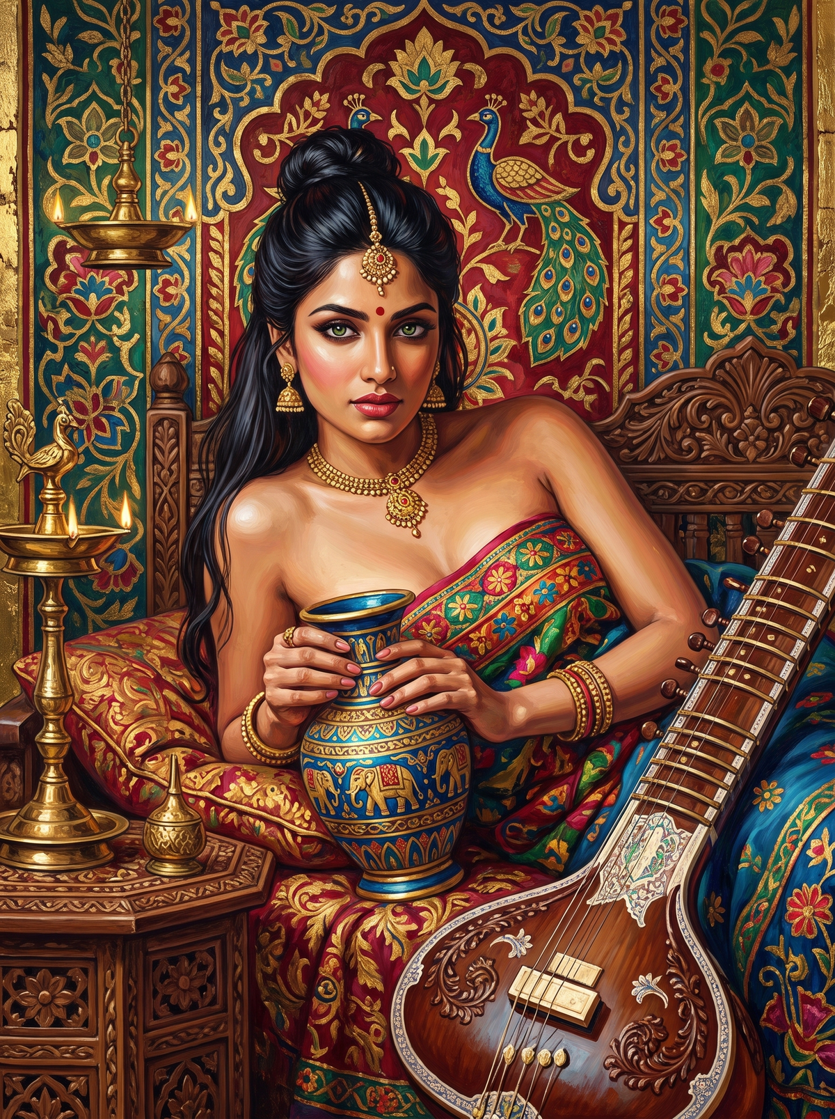 Brass Lamp And The Painted Sitar