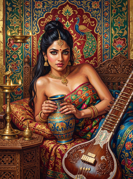 Brass Lamp And The Painted Sitar