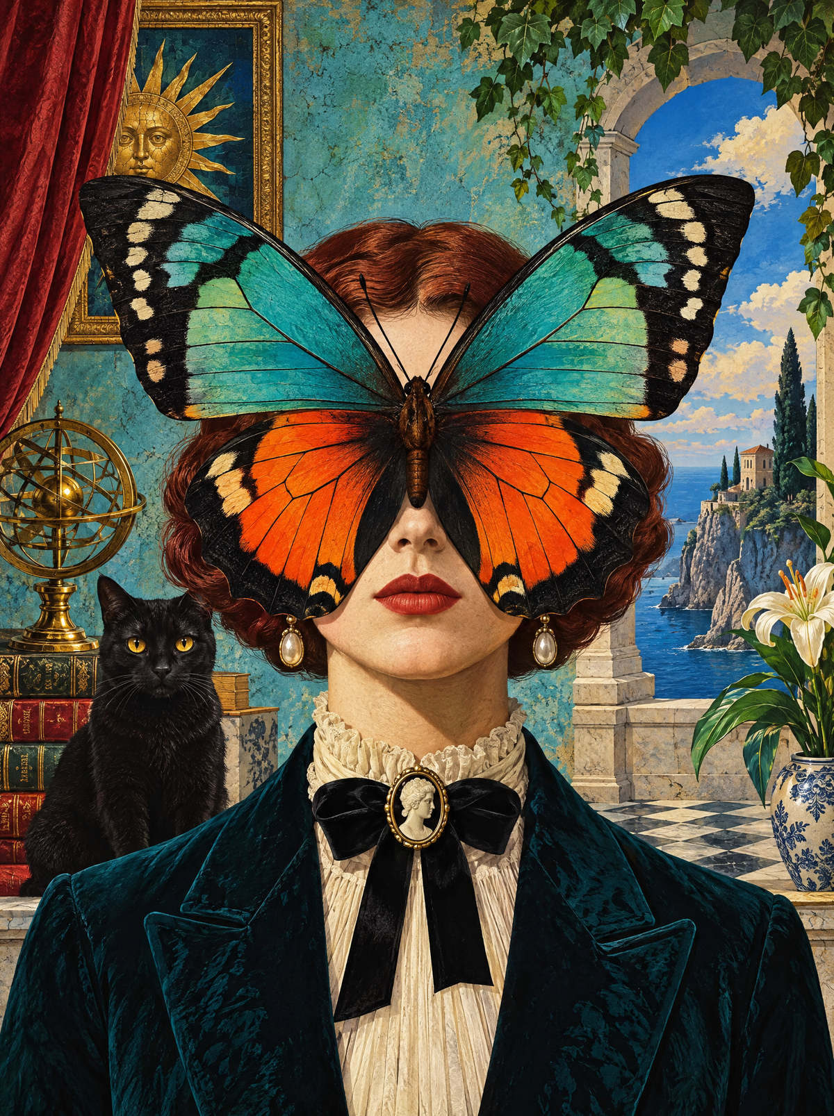 Butterfly Veil And A Black Cat