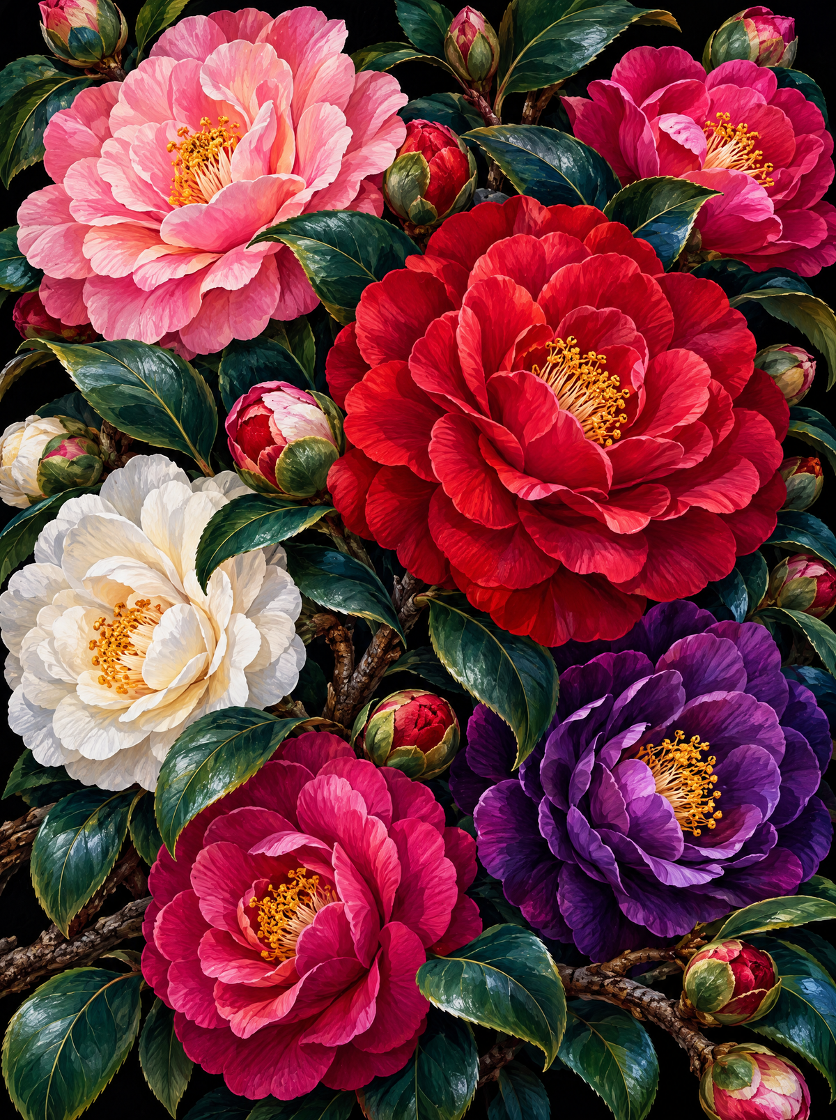 Camellias In Full Bloom