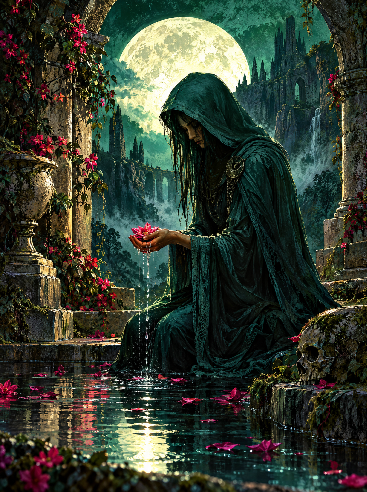 Cloaked Figure And The Floating Petals