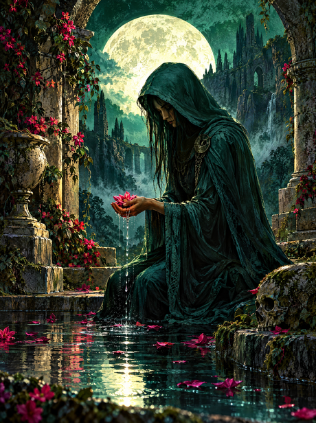 Cloaked Figure And The Floating Petals