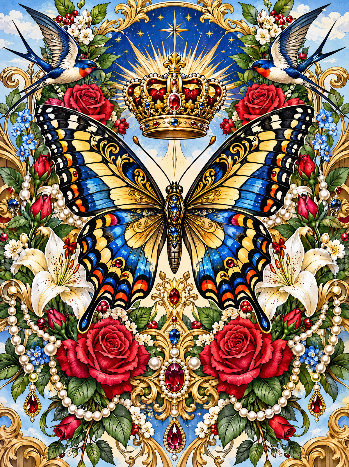 Crowned Butterfly Among Red Roses