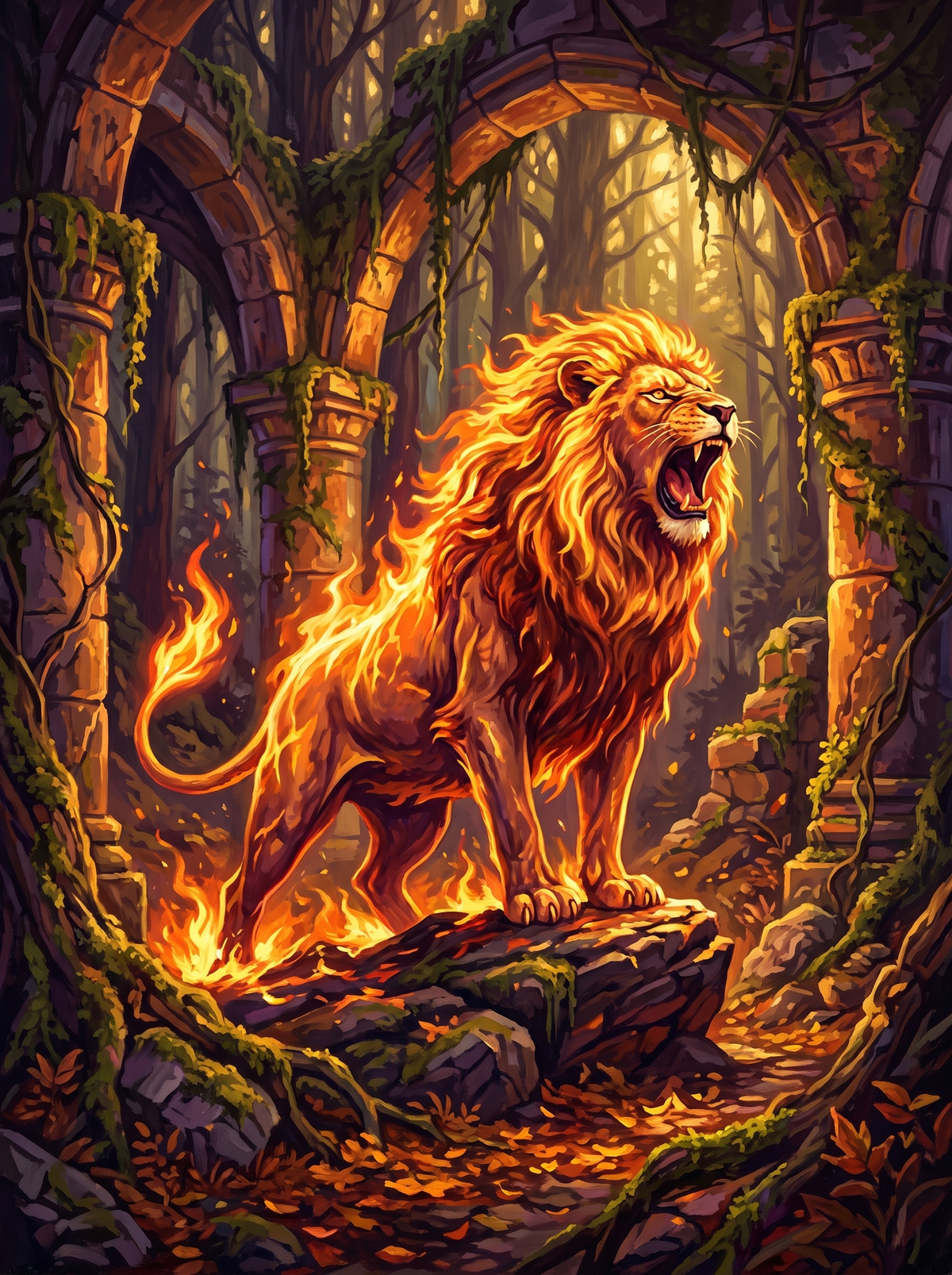 Fire Lion In The Forest Ruins